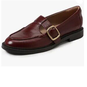 YDN Brown Low Heel Loafers Round Toe Chunky Heel Adjustable Buckled T-Strap Shoe